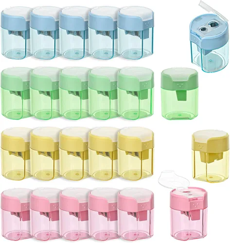 Miniatura 9 de BOPART - Sacapuntas manuales de colores a granel, 24 sacapuntas de mano pequeños con doble agujero con tapa para niños y adultos en el aula