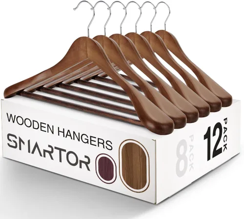 Miniatura 11 de SMARTOR Perchas de madera para hombres paquete de 8 perchas de madera con hombro ancho con barra antideslizante para pantalones, colgador ancho