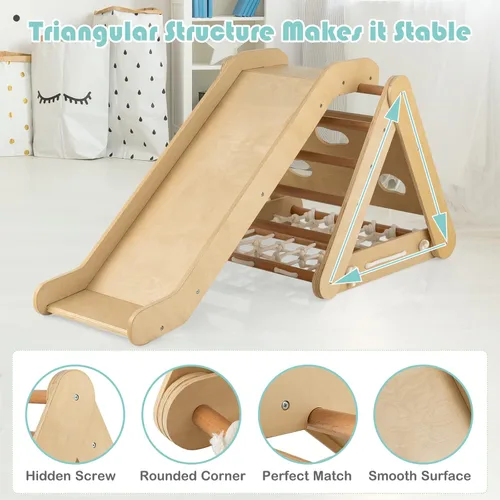 Miniatura 4 de HONEY JOY Escalador triangular 4 en 1 con rampa, escalera triangular de 3 lados para niños con cuerda de red y barras, juguetes de escalada Natural