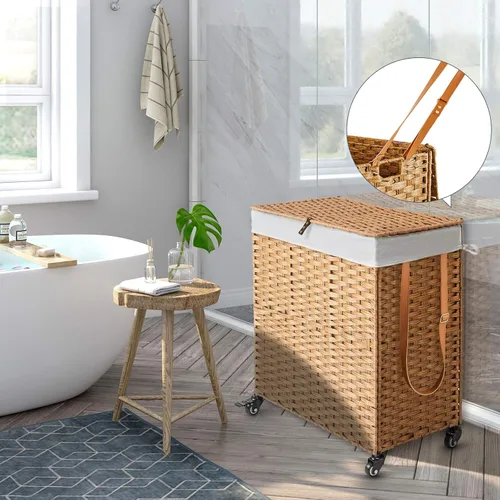 Miniatura 74 de GREENSTELL Cesta para ropa sucia con ruedas y tapa, 130 L, cesta grande de 3 secciones con 2 tipos de bolsas de forro extraíbles, 5 bolsas de malla