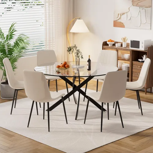 Miniatura 17 de Moderno juego de mesa redonda de vidrio para 4, 36 pulgadas, pequeña base negra de vidrio templado con 4 sillas de comedor minimalistas beige, juego