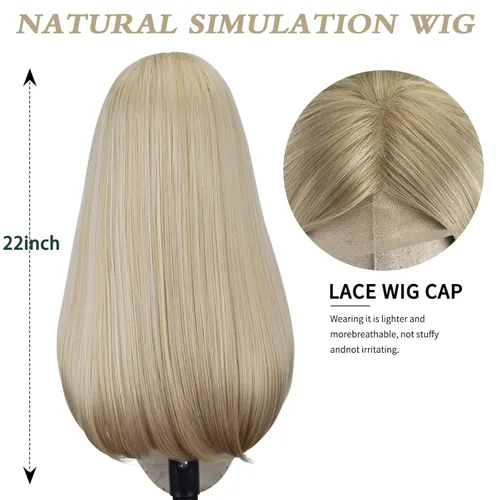 Miniatura 5 de FREE BEAUTY Peluca larga rubia para mujer, peluca de cabello lacio con parte media con encaje de encaje de aspecto natural, peluca de fibra