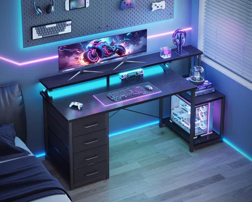 Miniatura 4 de ODK Escritorio para computadora de 55 pulgadas con 4 cajones, escritorio de oficina con luces LED y estantes de almacenamiento, mesa de estudio Negro