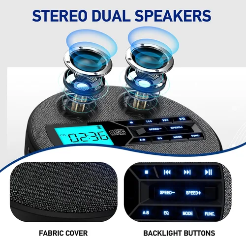 Miniatura 4 de Reproductor de CD portátil, reproductor de CD portátil recargable con altavoces duales y antisalto, CD, USB, AUX, pantalla LCD, botón Negro