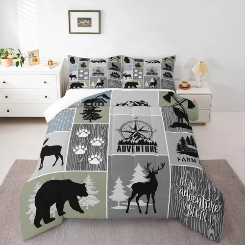 Miniatura 8 de Juego de edredón rústico de cabaña granja para niños, tamaño twin, juego de ropa de cama de aventura de caza de ciervos y osos para decoración