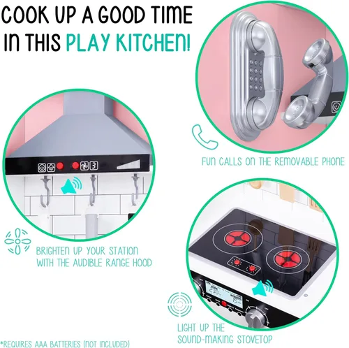 Miniatura 4 de Lil' Jumbl Juego de cocina rosa para niños, cocina de juego de madera de simulación, máquina de hielo a pilas, microondas, campana extractora