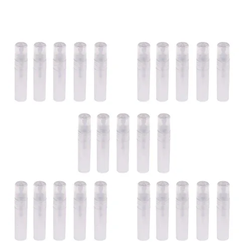 Miniatura 9 de 150 piezas Mini atomizador de botella de plástico de 0.07 onzas líquidas, botella de perfume recargable, botella de muestra vacía con 2 mini embudos