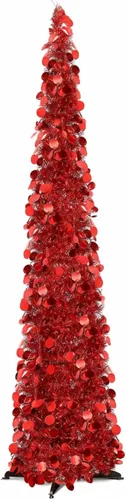 Aoriher Árbol de Navidad de Oropel Emergente Preiluminado de 5 pies, Decoración Reutilizable Plegable con Lentejuelas Artificiales, Árbol Delgado