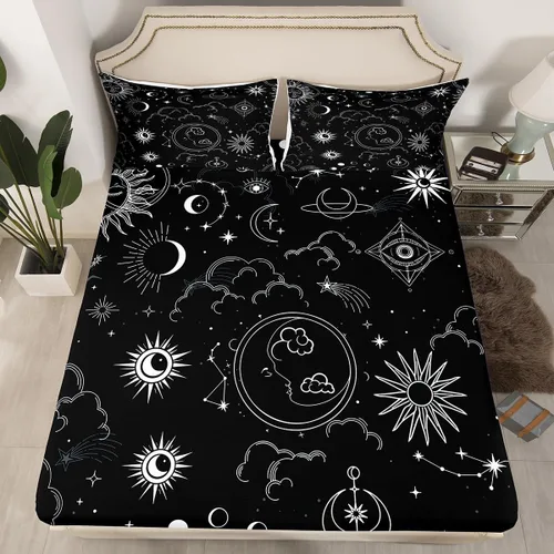 Miniatura 31 de Erosebridal Sábanas de cama de polilla de la muerte, sábana bajera ajustable de calavera gótica, tamaño individual, sábanas florales de flores