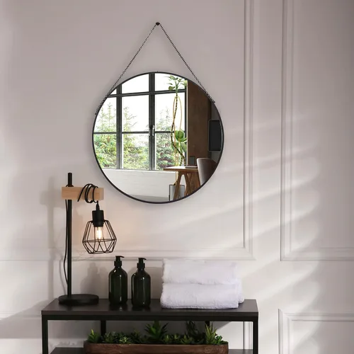 Miniatura 5 de Camden Reed Espejo de pared redondo de metal negro colgante de 23.5 pulgadas con cadena, espejo de acento, espejo de dormitorio, espejo de baño