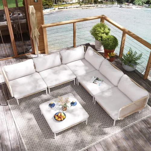 Miniatura 9 de Juego de muebles de patio, muebles de patio al aire libre, sofá seccional de metal de gran tamaño, juego de conversación de 4 asientos con cojín