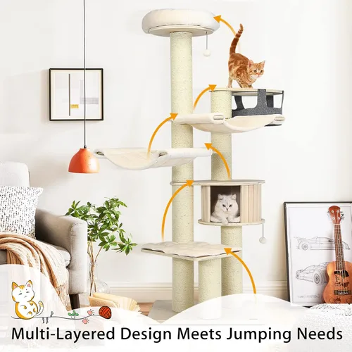 Miniatura 5 de Tangkula Árbol grande para gatos, torre alta de varios niveles para gatos con postes rascadores de sisal, hamacas, cesta colgante, condominio