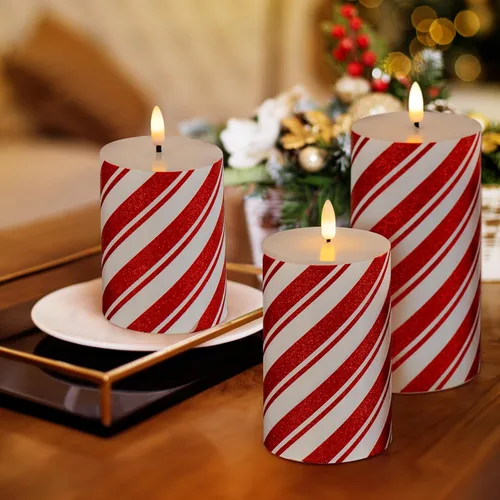 Miniatura 2 de Velas de pilar sin llama con rayas rojas con temporizador, velas parpadeantes de cera real que funcionan con pilas para decoración navideña
