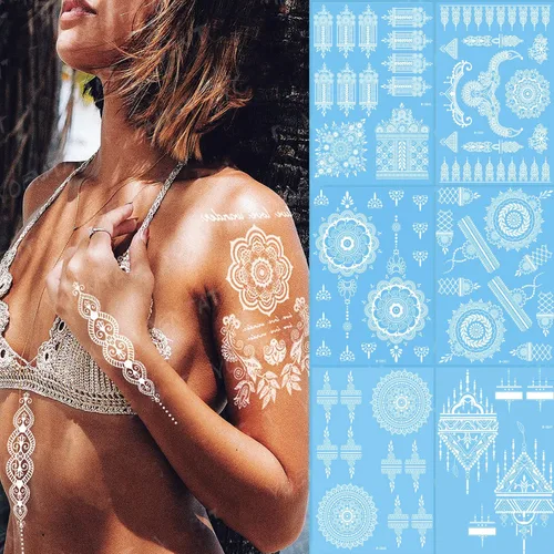 Tatuajes de henna, tatuajes temporales de henna, calcomanías de tatuaje impermeables blancas para mujeres, bodas, fiestas, festivales y proveedores