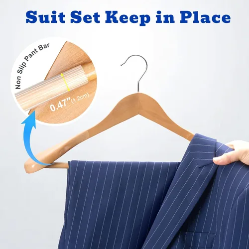 Miniatura 4 de HOUSE DAY Perchas de madera con hombros anchos, perchas para trajes con barra antideslizante para pantalones, acabado liso, gancho giratorio
