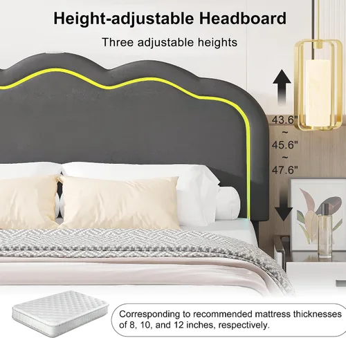 Miniatura 6 de VECELO Marco de Cama Full Tapizado con Cabecero Ajustable, Luces LED, USB-A y Tipo C, Cama Plataforma de Terciopelo Sin Ruido, Base de Colchón