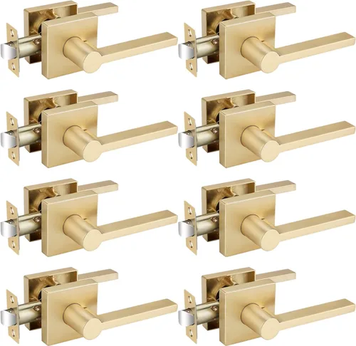 Miniatura 36 de EHOMEWARE Juego de manijas de puerta delantera doradas, palanca de puerta cuadrada resistente de latón y cerrojo de un solo cilindro reversible