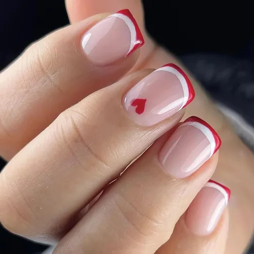 Miniatura 26 de Uñas postizas a presión para San Valentín, uñas postizas cortas cuadradas MABKJLF nude con diseños de labios, cobertura completa, pegamento