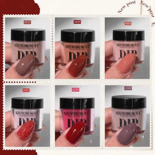 Miniatura 2 de AZUREBEAUTY Polvo de uñas de inmersión, kit de iniciación de 6 colores con purpurina marrón y roja, arte de uñas francesa, manicura de bricolaje