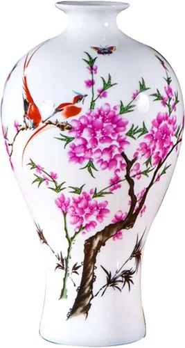 Miniatura 6 de Jarrón de cerámica blanco chino, Jingdezhen Birds Peony Flower Jarrones de porcelana blanca Decoración para el hogar B5