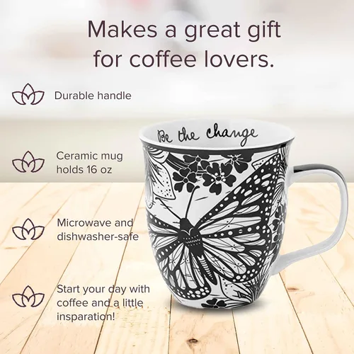 Miniatura 3 de Karma Taza bohemia de 16 onzas con diseño de mariposa y libélula en blanco y negro, bonita taza de café y té, cerámica, 16 onzas, redonda
