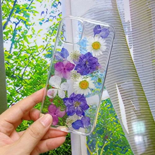 Miniatura 3 de Abbery Funda transparente para iPhone 11 con diseño de flores moradas, bonita funda protectora de silicona suave TPU real seca prensada floral