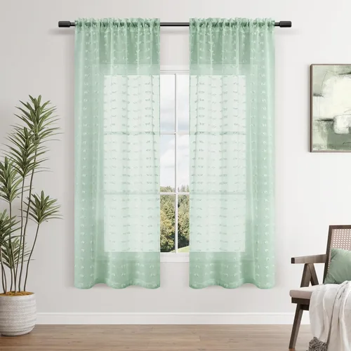 Guken Cortinas semitransparentes color verde aguamarina para ventanas de 72 pulgadas de largo, diseño bohemio con pompones, habitación de niños,