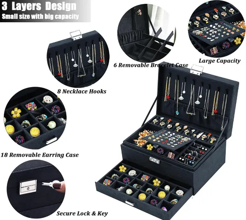 Miniatura 2 de Joyeros para mujer, organizador de joyas de terciopelo negro con cerradura, organizadores de joyas para adolescentes, organizador de joyas