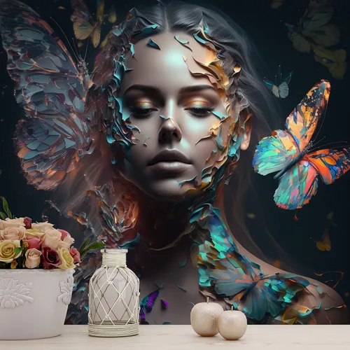 Miniatura 3 de Papel pintado de mariposa colorida alrededor de la mujer, salón de belleza, sala de estar, dormitorio, oficina, pared extraíble y reutilizable