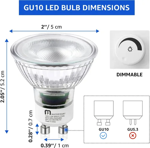 Miniatura 4 de MASTERY MART - Bombillas LED GU10, equivalentes a 50 W, 5,5 W regulables, cubierta de cristal completa, reflector de luz blanca suave de 2700 K