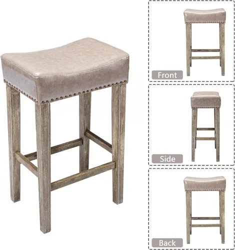 Miniatura 8 de Juego de 4 taburetes de bar con asiento de silla de montar de 29 pulgadas, taburetes de bar de piel sintética, sillas de bar de madera con cabeza