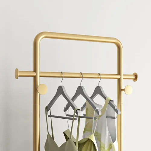 Miniatura 6 de TIEOU Percheros dorados con estante, percheros dorados resistentes para boutiques, perchero de metal independiente para colgar ropa, perchero Dorado