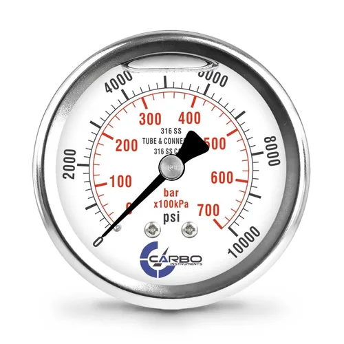Miniatura 34 de Medidor de presión relleno de líquido de 300 PSI, dial de 2.5 pulgadas, montaje trasero 1/4 NPT, estuche 316 SS, 316 piezas mojadas SS, PSI/barra