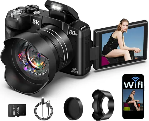 Cámara digital 5K – Cámaras WiFi de 80 MP para fotografía – Cámara de vlogging de enfoque automático rápido UHD para YouTube con pantalla abatible