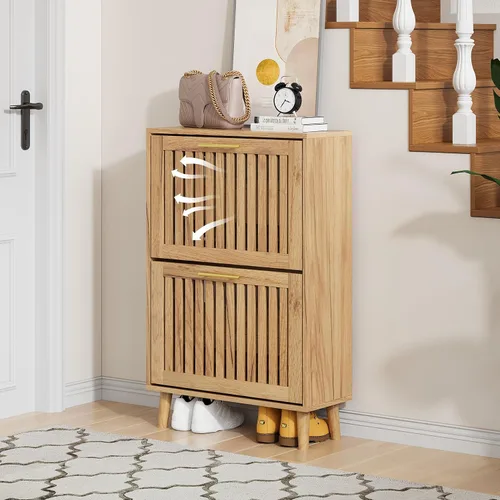 Miniatura 6 de Gabinete de almacenamiento de zapatos con 2 cajones abatibles con persianas, gabinete de almacenamiento de zapatos estrecho para entrada, gabinete