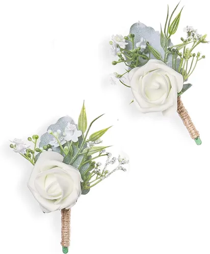 Miniatura 15 de Boutonnieres de aliento de bebé para hombre, juego de 2, blanco natural para novio y padrinos de boda con pin para boda rústica de otoño, vintage