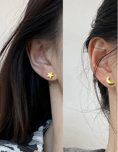 Miniatura 4 de Ofeiyaa Juego de 18 aretes de tuerca pequeños de acero inoxidable con forma de corazón, cruz geométrica, estrella, triángulo, luna, bola de disco