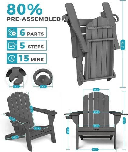 Miniatura 3 de Silla Adirondack plegable, silla Adirondack de HDPE con 2 soportes para tazas, sillas para fogatas al aire libre de fácil montaje para patio, Negro