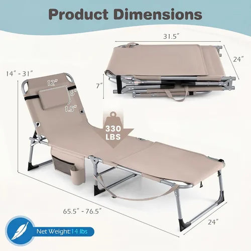 Miniatura 3 de Giantex Silla bronceadora, silla de playa de 330 libras con 5 posiciones ajustables, agujero para cara y brazo, correa para manos/hombros, almohada