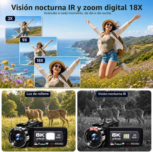 Miniatura 3 de Videocámara, videocámara 8K de 48 MP 15FPS UHD con Wi-Fi, cámara para vlogging con visión nocturna IR para YouTube, pantalla táctil de 3" con zoom