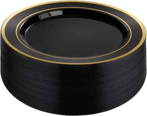 Miniatura 13 de BESTVIP 100 platos de plástico plateados, platos desechables de 10.25 pulgadas para fiesta con borde plateado para Navidad, Acción de Gracias