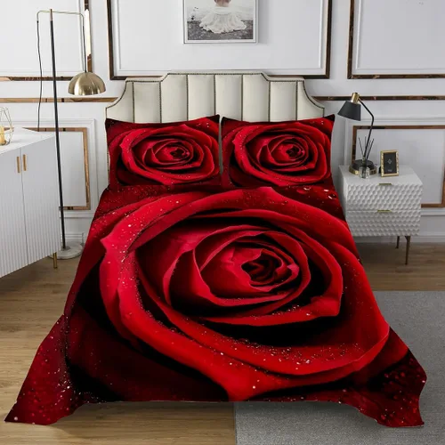 Juego de colcha de rosas tamaño Queen, romántico juego de edredón floral de rosas rojas para niñas y mujeres, ropa de cama de rosa 3D con gota de