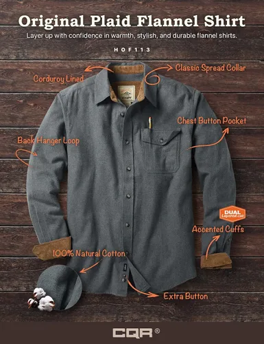 Miniatura 7 de CQR - Camisa de franela de algodón a cuadros con botones y manga larga para hombre, algodón cepillado suave, camisa de estilo informal
