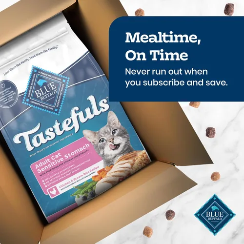 Miniatura 10 de Blue Buffalo Tastefuls - Comida seca natural para gatos adultos, estómago sensible, receta de pollo y arroz integral, bolsa resellable de 3 libras