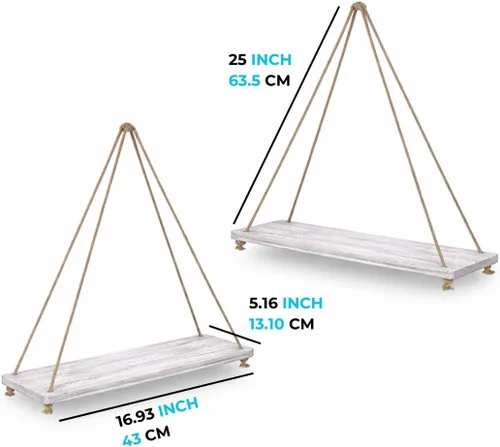 Miniatura 2 de Comfify Estantes colgantes para pared, juego de 2, estantes rústicos bohemios con cuerda, 17 x 5.2 pulgadas, madera real gruesa envejecida, aspecto