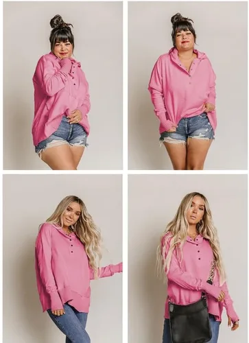 Miniatura 4 de SHEWIN Sudadera de gran tamaño para mujer, casual, con botones, cuello en V, con bolsillo