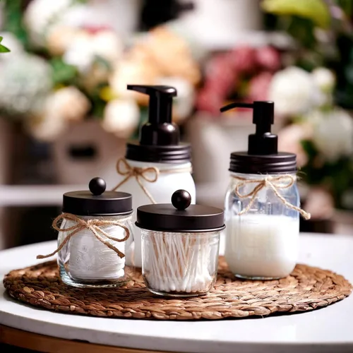 Miniatura 7 de Amolliar Mason Jar - Juego de accesorios de baño (4 unidades), dispensador de jabón espumoso y soporte para cepillo de dientes, decoración rústica