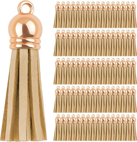 Miniatura 111 de Mandala Crafts 100 borlas de gamuza sintética color aguamarina con tapa dorada, suministros para hacer llaveros a granel, pequeñas borlas de cuero