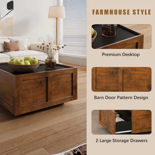 Miniatura 3 de HedoAjim - Mesa de centro de granja con 2 cajones de almacenamiento para sala de estar, mesa cuadrada central moderna, mesa de cóctel contemporánea