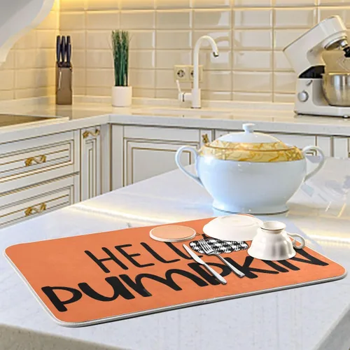 Miniatura 6 de Tapete de secado de platos naranja Hello Pumpkin para cocina, otoño, cosecha, tapete de secado de microfibra, absorbente y reversible, tapete grande
